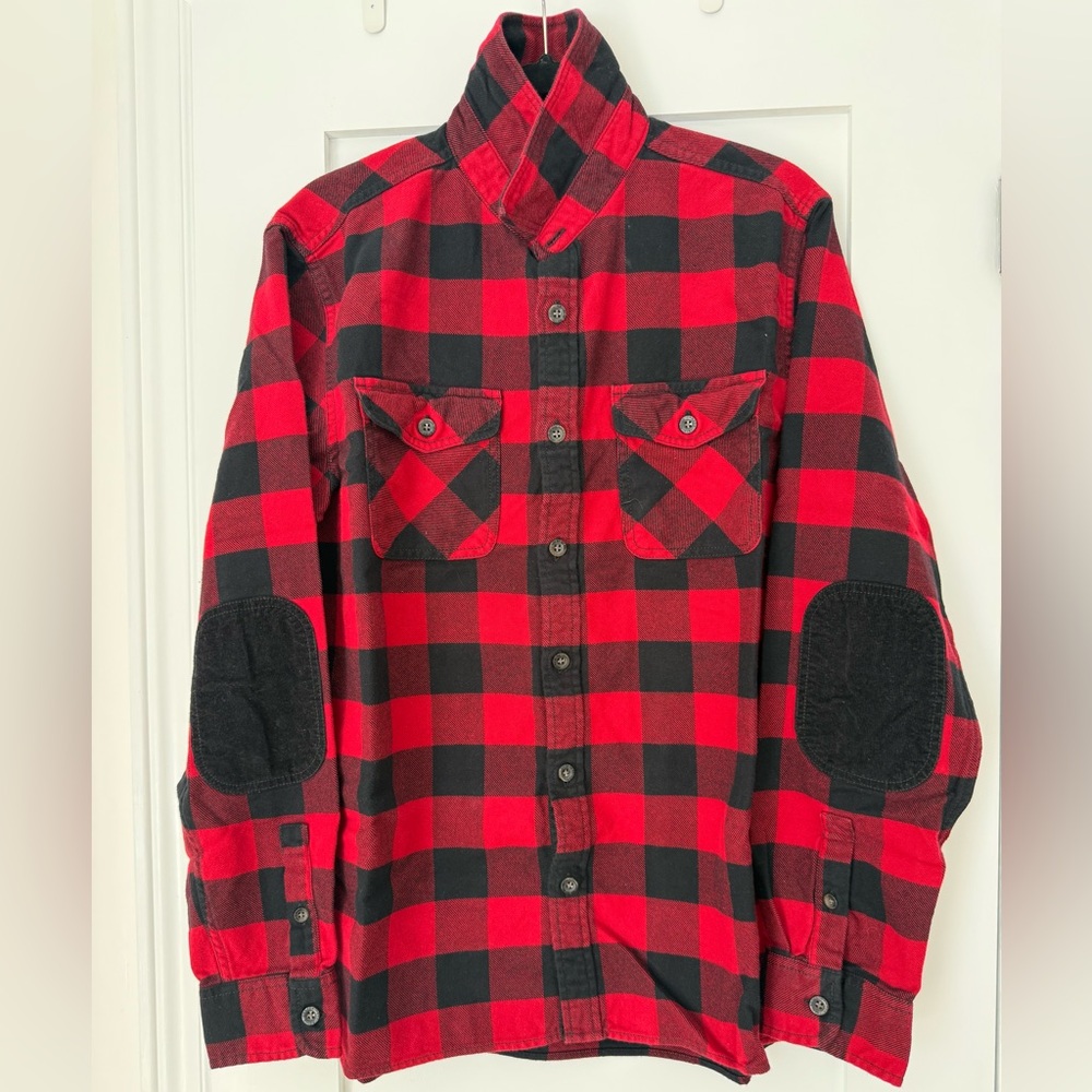 BNWOT Roots Canada Red Black Buffalo Plaid Flannel Shirt Jacket Elbow Patches L - Picture 3 of 9